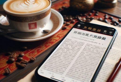 一杯精美的咖啡放在好看的桌子上,旁边放着一部智能手机,手机屏幕显示正在编辑小红书文章